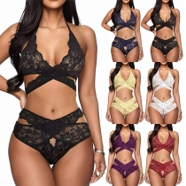 Sexy Hollow Out Lace Solid Color Lingerie Set
