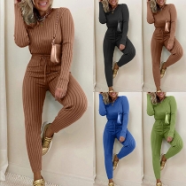 Fashion Solid Color Long Sleeve Round Neck Knit Top + Pants Two-piece Set