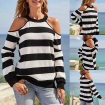 Sexy Off-shoulder Long Sleeve Round Neck Contrast Color Stripe T-shirt