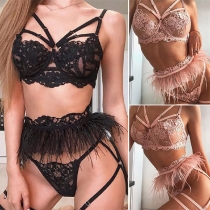 Sexy Sheer Lace Feather Spliced Lingerie Three-piece Set