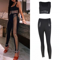 Sexy Hollow Out Gauze Spliced Sleeveless Crop Top + pants Two-piece Set