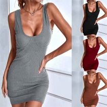 Simple Style Sleeveless U-neck Solid Color Slim Fit Knit Tank Dress