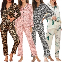 Fashion Long Sleeve Single-breasted Printed Top + Pants Nightwear Two-piece Set