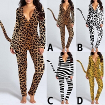 Cute Style Long Sleeve V-neck Printed Tail Home-wear Jumpsuit