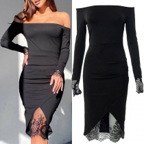 Sexy Off-shoulder Boat Neck Long Sleeve Lace Spliced Slim Fit Dress