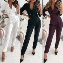 OL Style Long Sleeve Notched Lapel High Waist Solid Color Jumpsuit