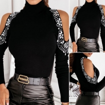 Sexy Off-shoulder Rhinestone Spliced Long Sleeve Mock Neck Slim Fit Bottoming Top