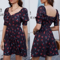 Sweet Style Backless V-neck Puff Sleeve High Waist Cherry Printed Dress