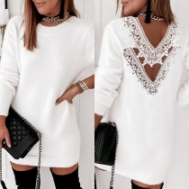 Sexy Lace Spliced Backless Long Sleeve Round Neck Solid Color Sweater Dress
