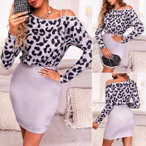 Sexy Oblique Shoulder Dolman Sleeve Leopard Printed Spliced Slim Fit Dress