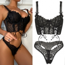 Sexy Solid Color Lace-up Sheer Lace Lingerie Set