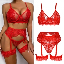 Sexy Sheer Lace Red Underwear Lingerie Three-piece Set