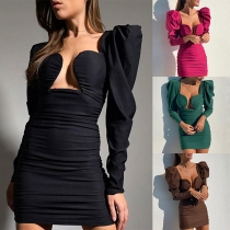 Sexy Deep V-neck Puff Sleeve Solid Color Slim Fit Wrinkled Dress