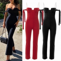 Sexy Backless High Waist Slim Fit Bow-knot Lace Sling Jumpsuit