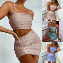 Sexy Backless Chain Sling Crop Top + High Waist Skirt Two-piece Set