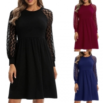 Sexy Hollow Out Lace Spliced Long Sleeve Round Neck High Waist Solid Color Dress