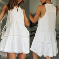 Fashion Solid Color Sleeveless Round Neck Lace Spliced Summer Dress