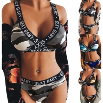 Sexy Letters Camouflage Printed Lingerie Set
