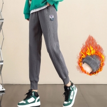 Casual Style Solid Color Elastic Waist Plush Lining Sports Pants