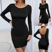Sexy Lace-up Backless Round Neck Long Sleeve Solid Color Slim Fit Dress