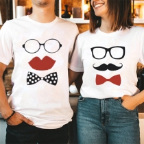 Cute Bow-knot Glasses Pattern Short Sleeve Round Neck Couple T-shirt