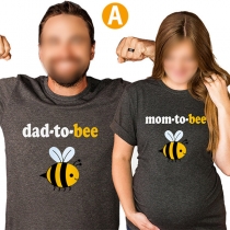 Cute Bee/Dinosaur Letters Printed Short Sleeve Round Neck Couple T-shirt