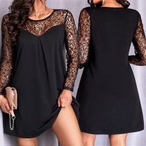 Sexy Sheer Lace Spliced Long Sleeve Round Neck Loose Dress