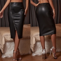 Fashion High Waist Slit Hem Oblique-zipper Slim Fit PU Leather Skirt