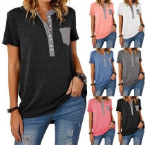 Casual Style Contrast Color Short Sleeve V-neck Loose T-shirt