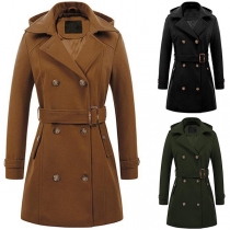 Fashion Solid Color Long Sleeve Hooded Double-breasted Coat