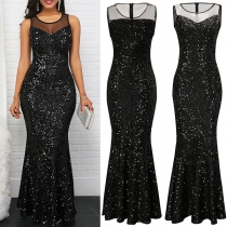 Sexy See-through Gauze Spliced Sleeveless Round Neck Slim Fit Sequin Party Dress
