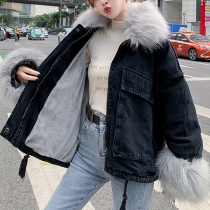 Fashion Faux Fur Collar Long Sleeve Plush Lining Denim Coat