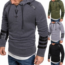 Casual Style PU Leather Spliced Long Sleeve Hooded Man's Sweatshirt