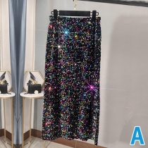 Fashion High Waist Slit Hem Colorful Sequin Skirt