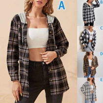 Casual Style Long Sleeve Contrast Color Hooded Plaid Shirt
