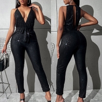 Sexy Backless Deep V-neck High Waist Slim Fit Sling Sequin Jumpsuit