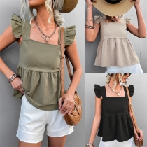 Sweet Style Ruffle Cuff U-neck Solid Color Sleeveless Top