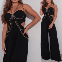 Sexy Strapless Hollow Out High Waist Solid Color Chain Jumpsuit