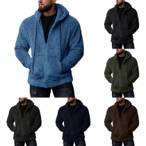 Fashion Solid Color Long Sleeve Hooded Man's Plush Coat