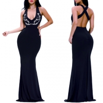 Sexy Backless Deep V-neck Embroidered Spliced Party Dress