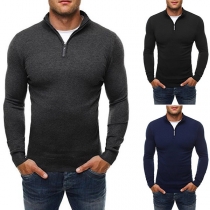Fashion Solid Color Long Sleeve Zipper Stand Collar Man's Knit Top