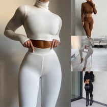 Sports Style Long Sleeve High Collar Crop Top + High Waist Leggings Sports Two-piece Set