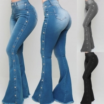 Fashion High Waist Side-button Slim Fit Flared Pants Jeans