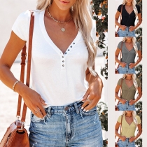 Fashion Solid Color Short Sleeve V-neck Slim Fit T-shirt