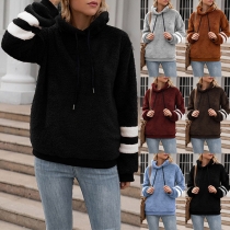 Casual Style Long Sleeve Hooded Contrast Color Stripe Pattern Women's Plush Sweatshirt