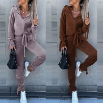 Fashion Solid Color Long Sleeve V-neck Hooded Sweatshirt + Pants Sports Suit
