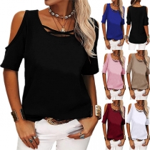 Casual Solid Color Cross-over Open-shoulder Shirt