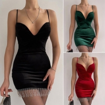 Sexy Solid Color V-neck Bodycon Sling Party Dress with Rhinestone Tassel