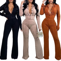 Sexy Solid Color High Waist Front Button Polo Neck Long Sleeve Velvet Jumpsuit