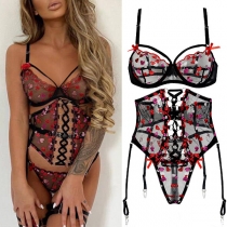 Sexy Cross-over Lace-up Heart Embroidery Semi-through Lace Three-piece Lingerie Set